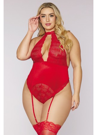 Body ouvert à l'entrejambe avec porte-jarretelles rouge grande taille - DG12670XRED