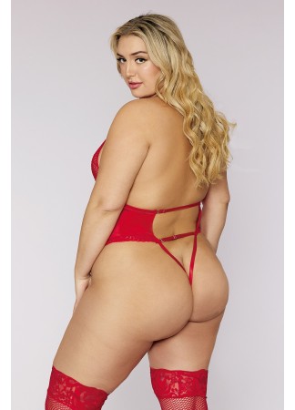 Body ouvert à l'entrejambe avec porte-jarretelles rouge grande taille - DG12670XRED