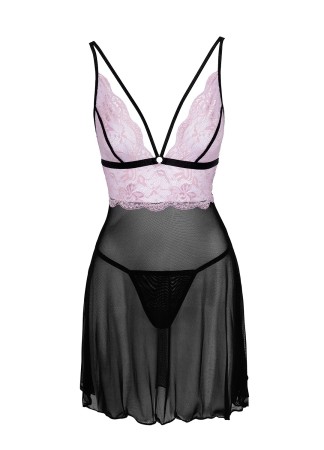 Nuisette en résille noire et dentelle rose sur la poitrine avec string noir - R2741342