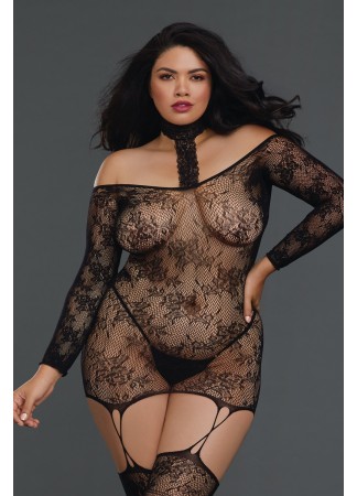 Bodystocking résille guêpière grande taille réversible avec tour de cou - DG0318XBLK