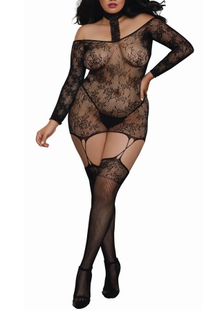 Bodystocking résille guêpière grande taille réversible avec tour de cou - DG0318XBLK