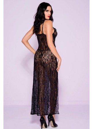 Nuisette déshabillée longue noire ouverte dentelle florale et string - ML53009BLK