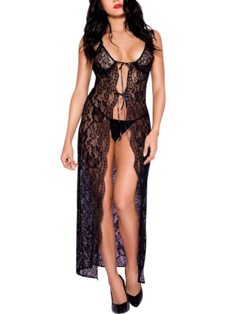 Nuisette déshabillée longue noire ouverte dentelle florale et string - ML53009BLK