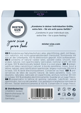 Boite test de 3 préservatifs latex avec réservoir, 3 tailles Mister Size - MS03TEST