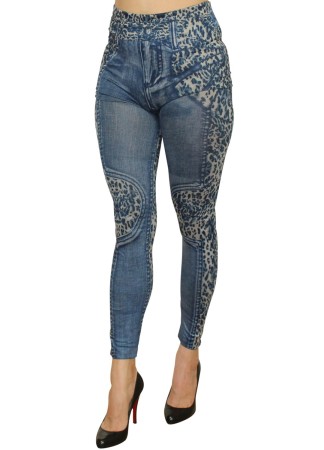 Legging bleu effet jean délavé imprimé léopard - FD1017
