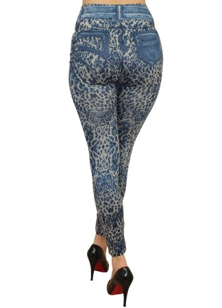Legging bleu effet jean délavé imprimé léopard - FD1017