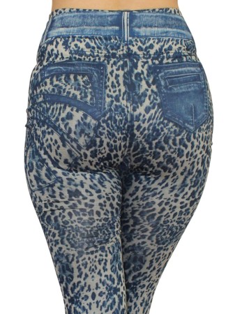 Legging bleu effet jean délavé imprimé léopard - FD1017
