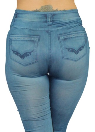 Legging bleu style jean moulant avec impressions sur poches - FD1018