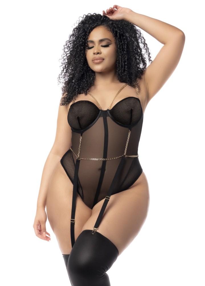 Body, grande taille, en résille transparente noire et jarretelles - MAL2727XBLK