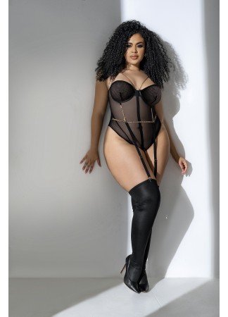 Body, grande taille, en résille transparente noire et jarretelles - MAL2727XBLK
