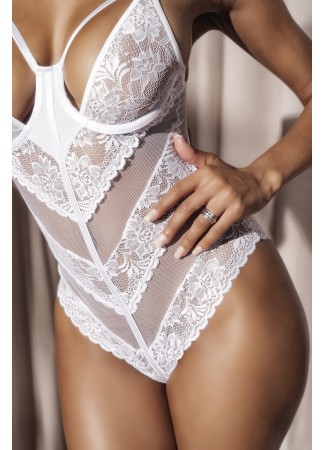 Body blanc sexy en dentelle et fine résille - MAL8741WHT