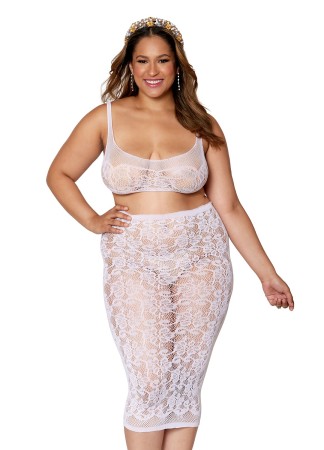 Ensemble 2 pièces grande taille, brassière résille fantaisie et jupe longue assorti - DG12921XWHT