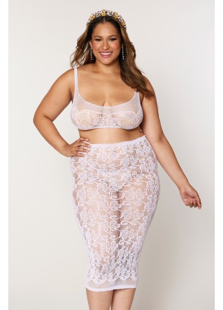 Ensemble 2 pièces grande taille, brassière résille fantaisie et jupe longue assorti - DG12921XWHT