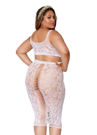 Ensemble 2 pièces grande taille, brassière résille fantaisie et jupe longue assorti - DG12921XWHT