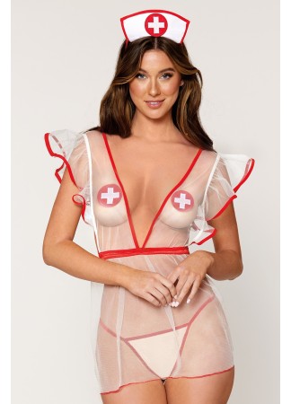 Déguisement infirmière, nuisette, nipples, coiffe et string assorti - DG12916COS